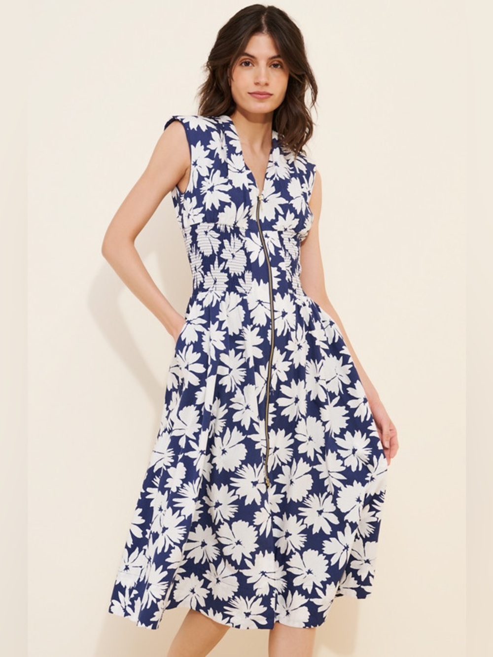 Maeve by Anthropologie The Tommie Cap-Sleeve Smocked Front-Zip Shirt Dress